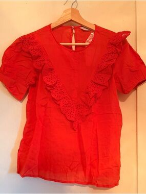 Women's Red Eyelet Ruffle Blouse
